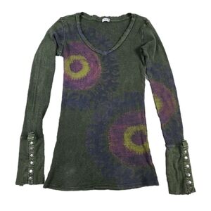 Y2k Idylle Long Sleeve Thermal Top Green Artsy Button Detail Forest Fairy Grunge